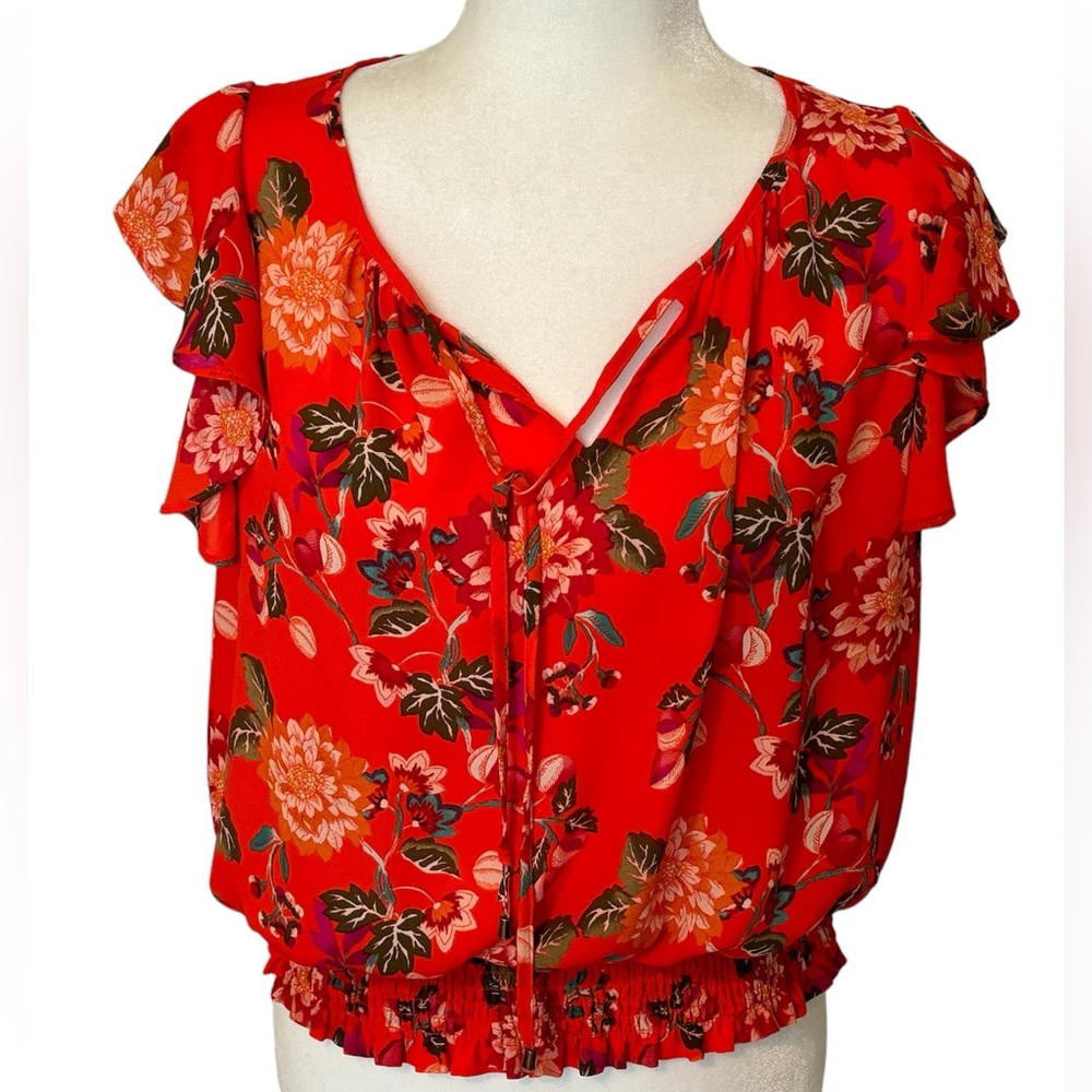 ROSE + OLIVE Orange Floral Flounce Sleeves Top Size Medium